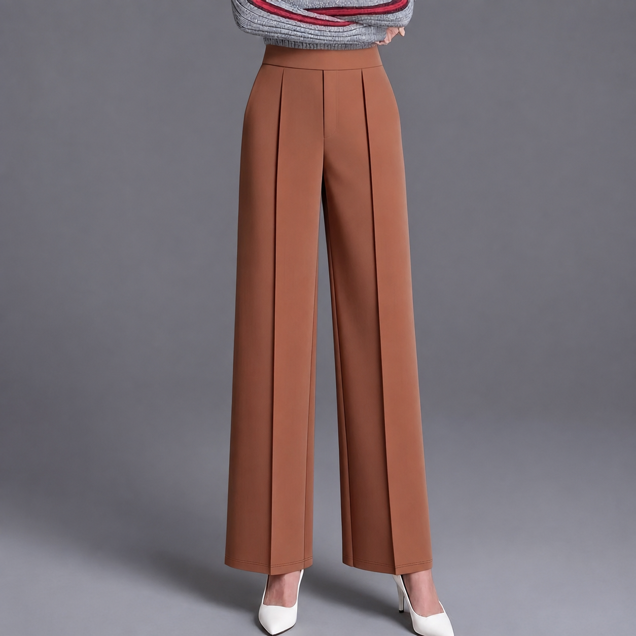 High Rise Solid Casual Wide Pants With Pockets