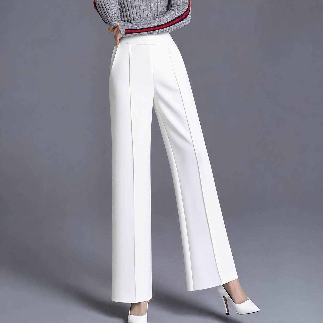 High Rise Solid Casual Wide Pants With Pockets
