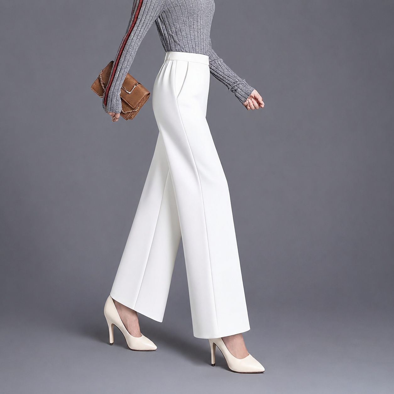 High Rise Solid Casual Wide Pants With Pockets