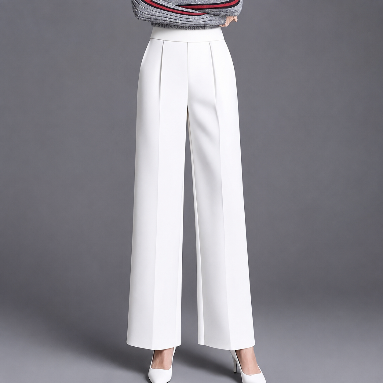 High Rise Solid Casual Wide Pants With Pockets