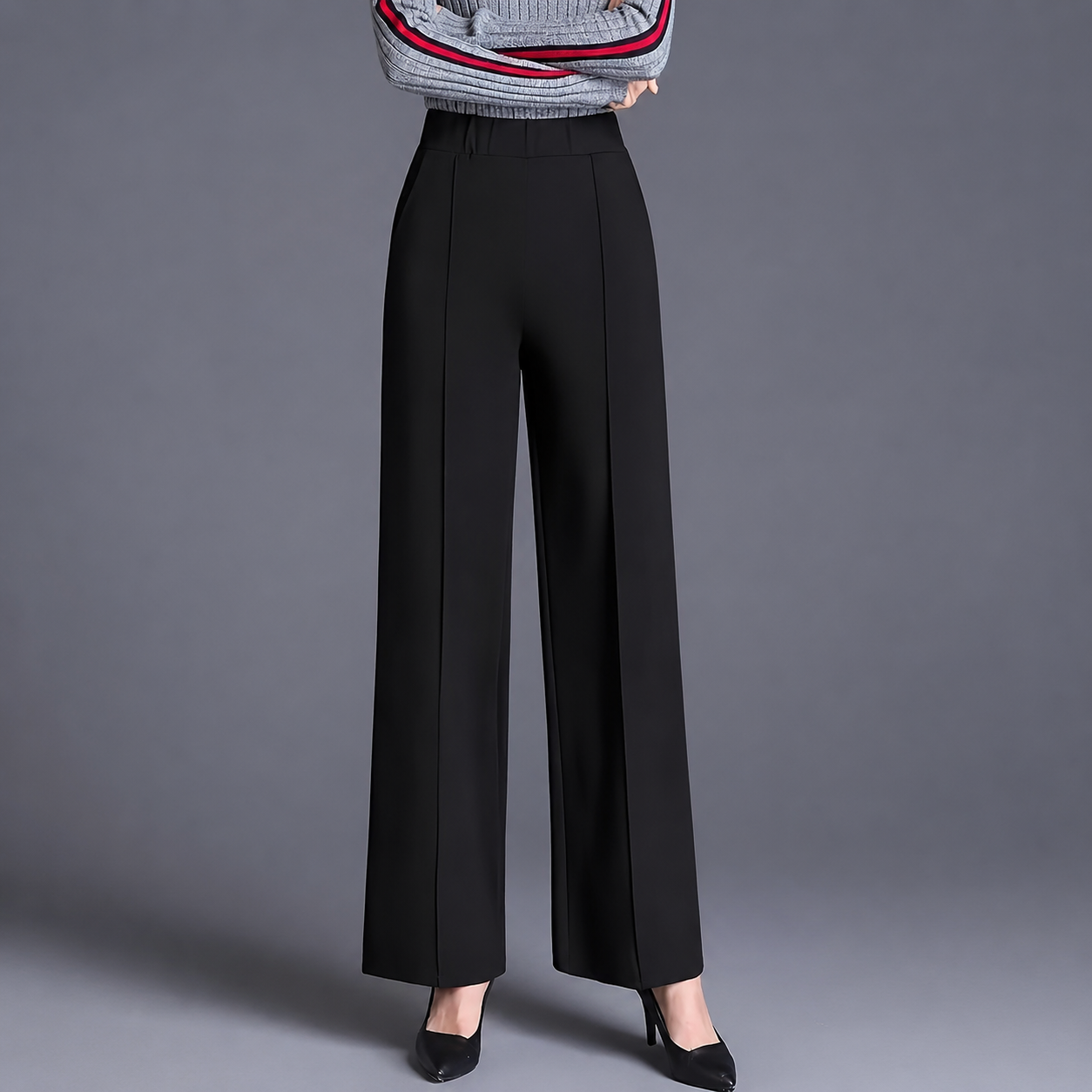 High Rise Solid Casual Wide Pants With Pockets