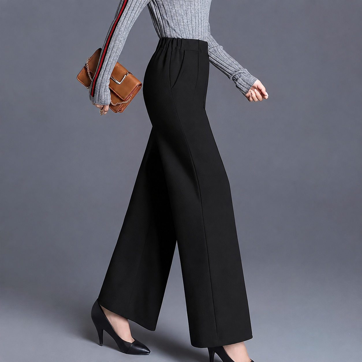 High Rise Solid Casual Wide Pants With Pockets