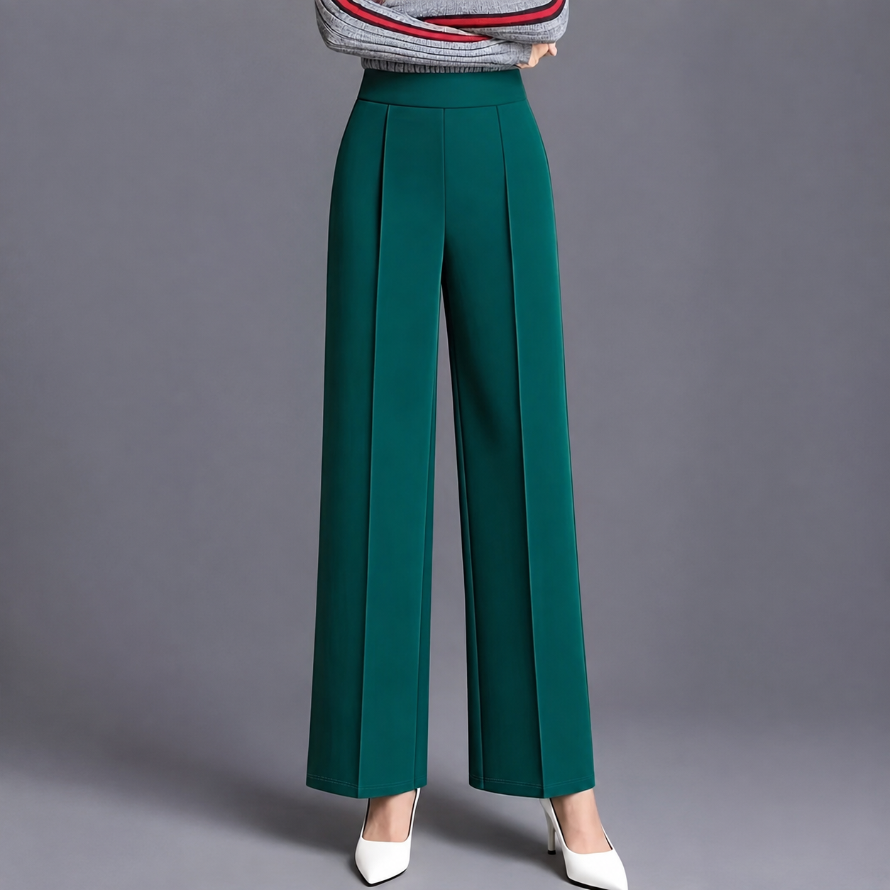 High Rise Solid Casual Wide Pants With Pockets