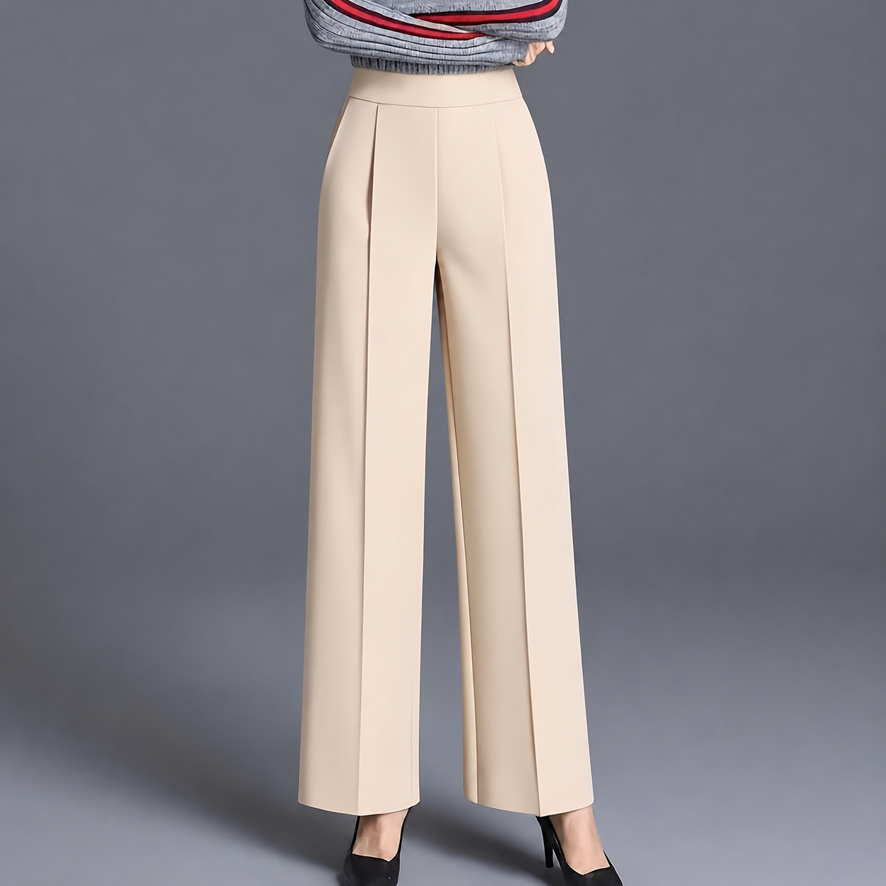 High Rise Solid Casual Wide Pants With Pockets