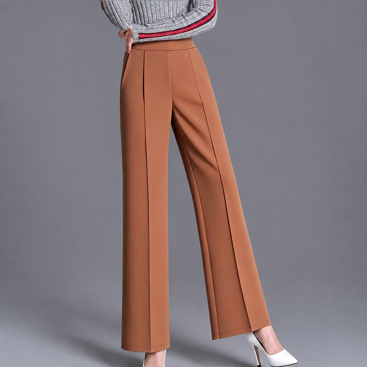 High Rise Solid Casual Wide Pants With Pockets