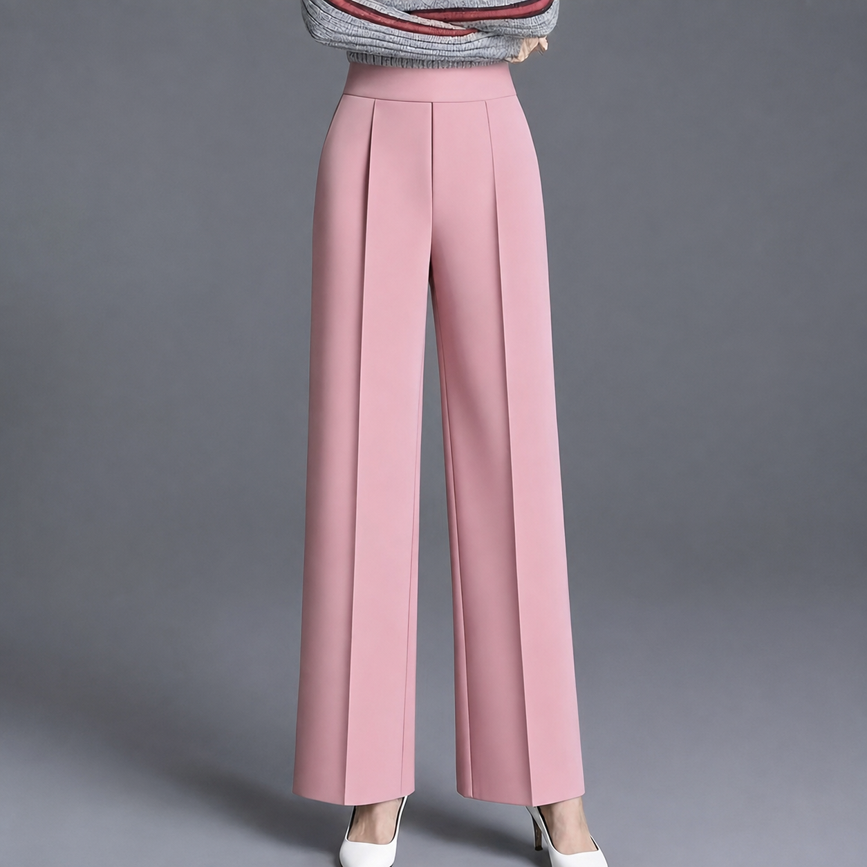 High Rise Solid Casual Wide Pants With Pockets