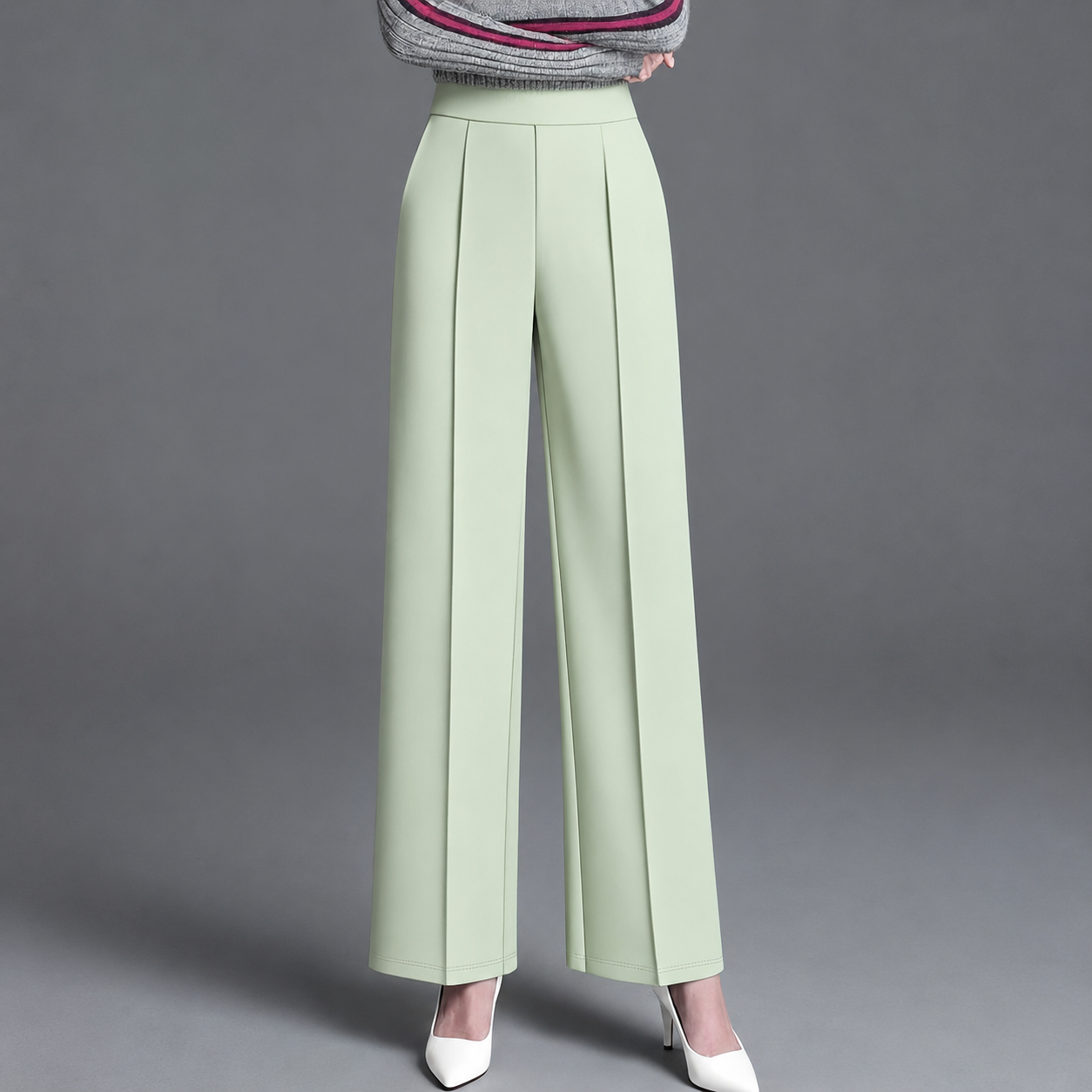 High Rise Solid Casual Wide Pants With Pockets