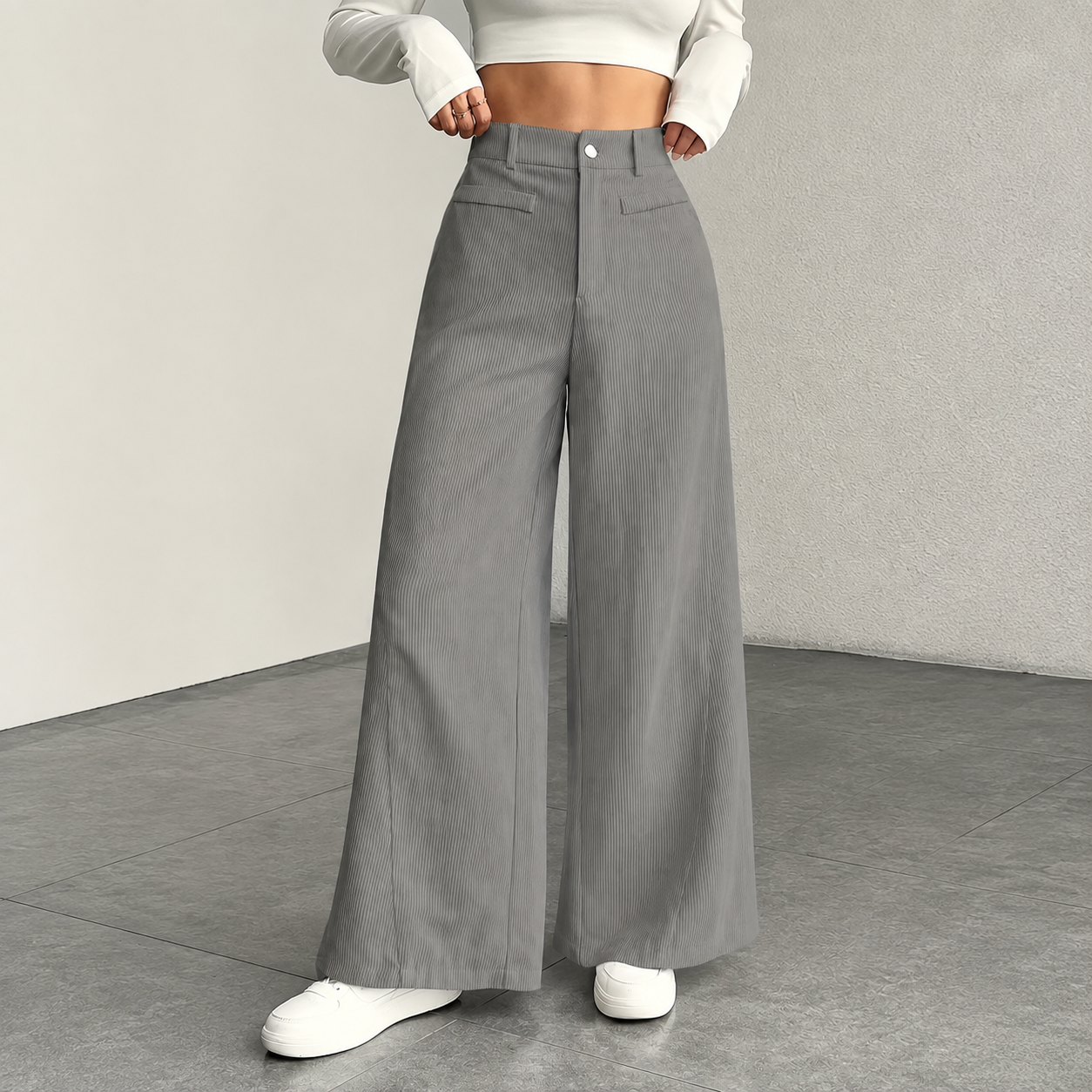Casual Texture Wide Trouser Corduroy Pants For Women 
