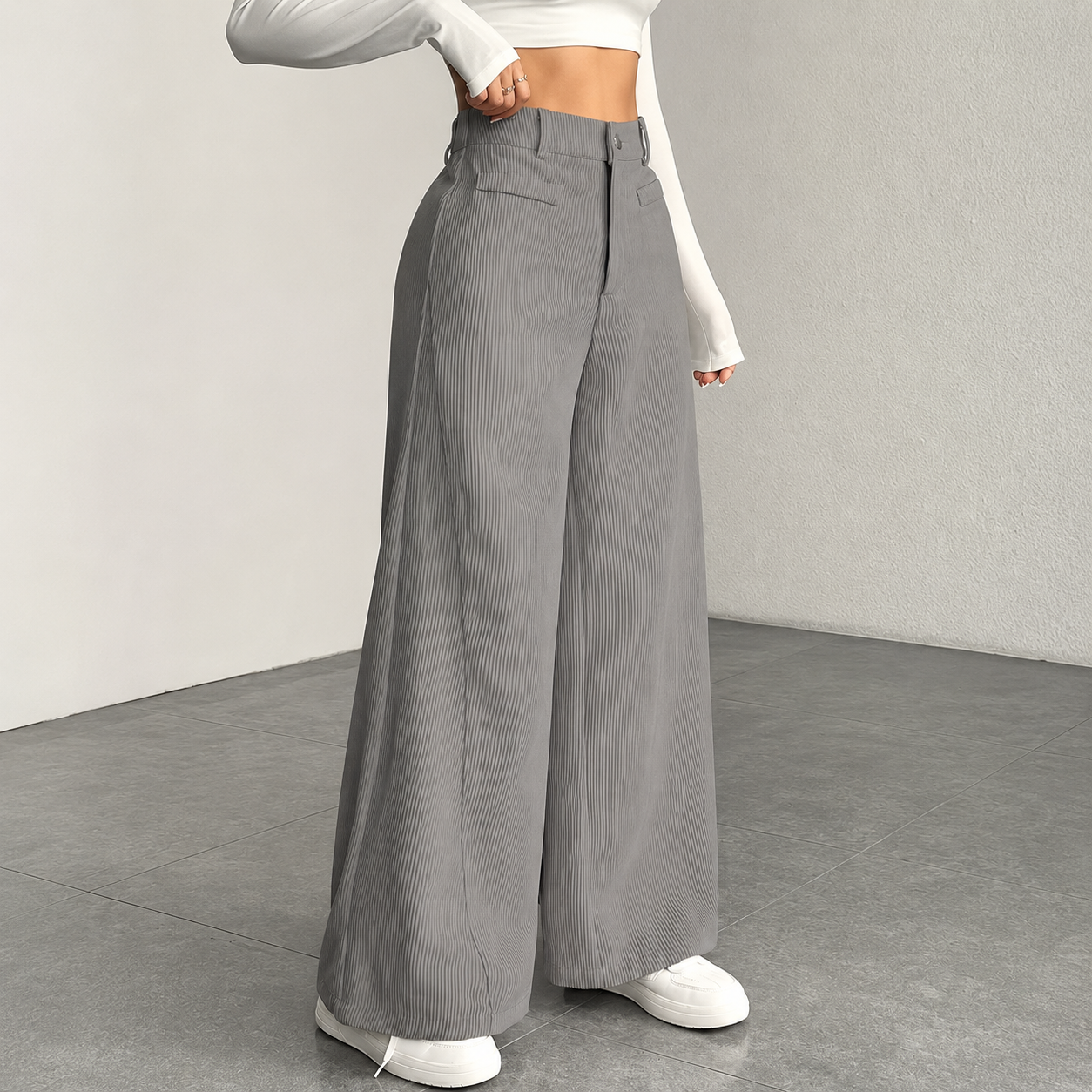 Casual Texture Wide Trouser Corduroy Pants For Women 