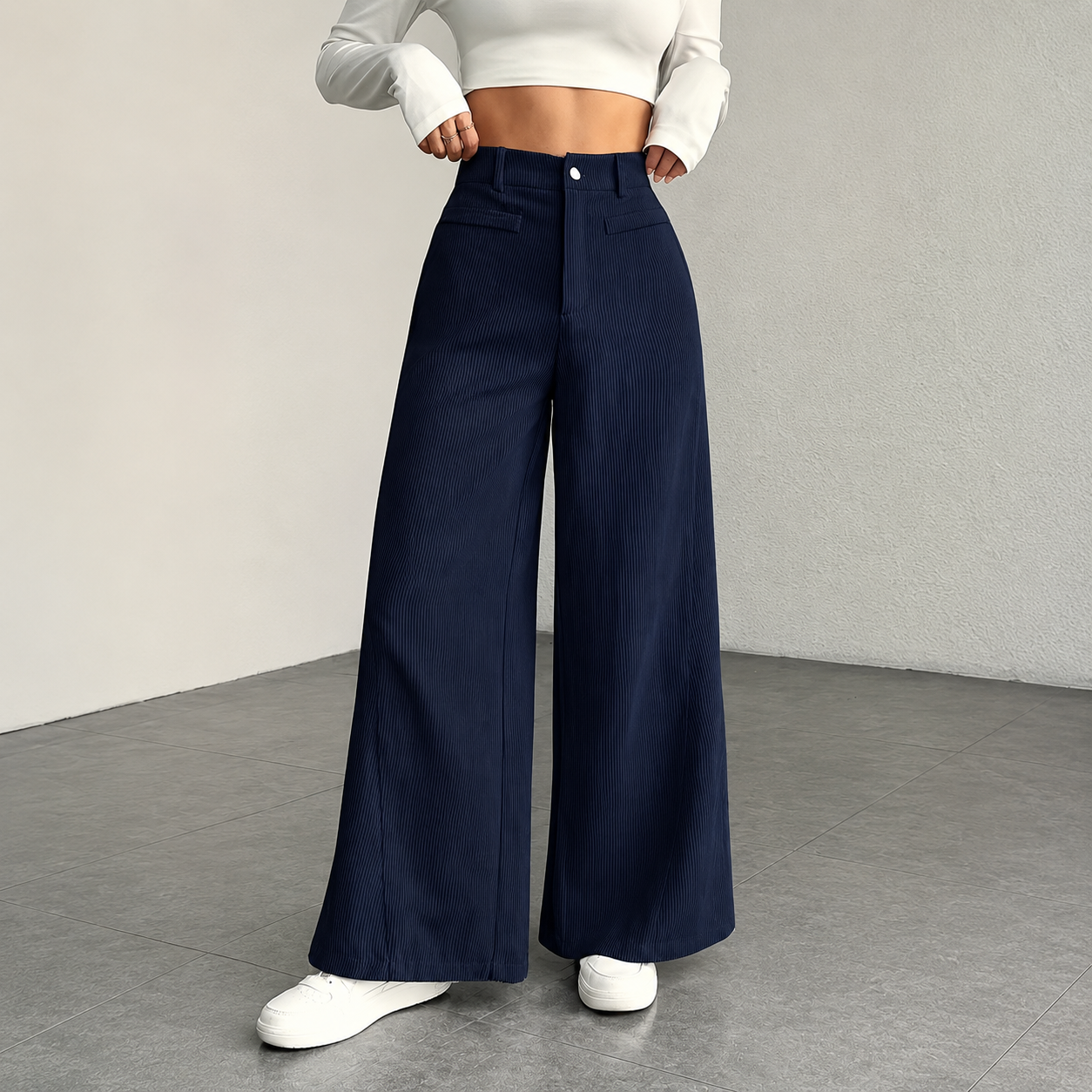 Casual Texture Wide Trouser Corduroy Pants For Women 