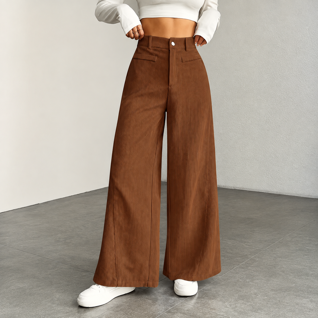 Casual Texture Wide Trouser Corduroy Pants For Women 