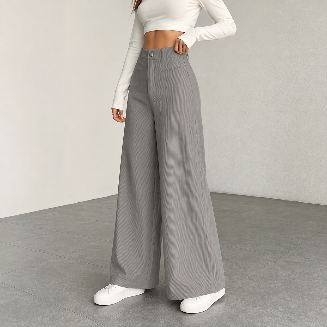 Casual Texture Wide Trouser Corduroy Pants For Women 