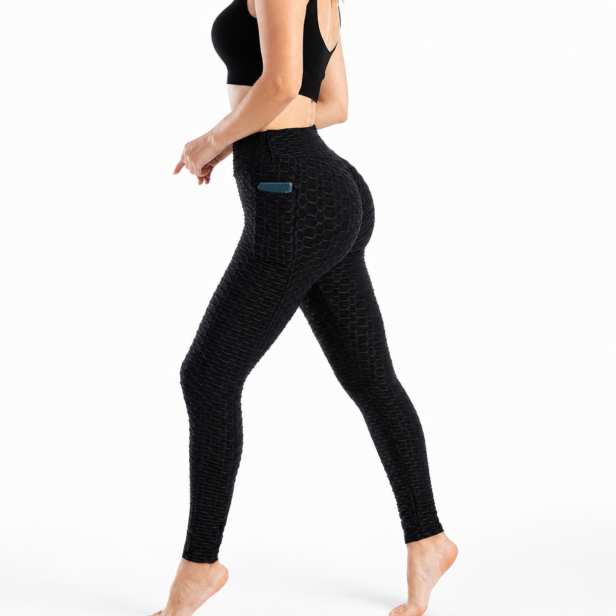 Textured Stretch Fitness Leggings with Side Pockets for Women