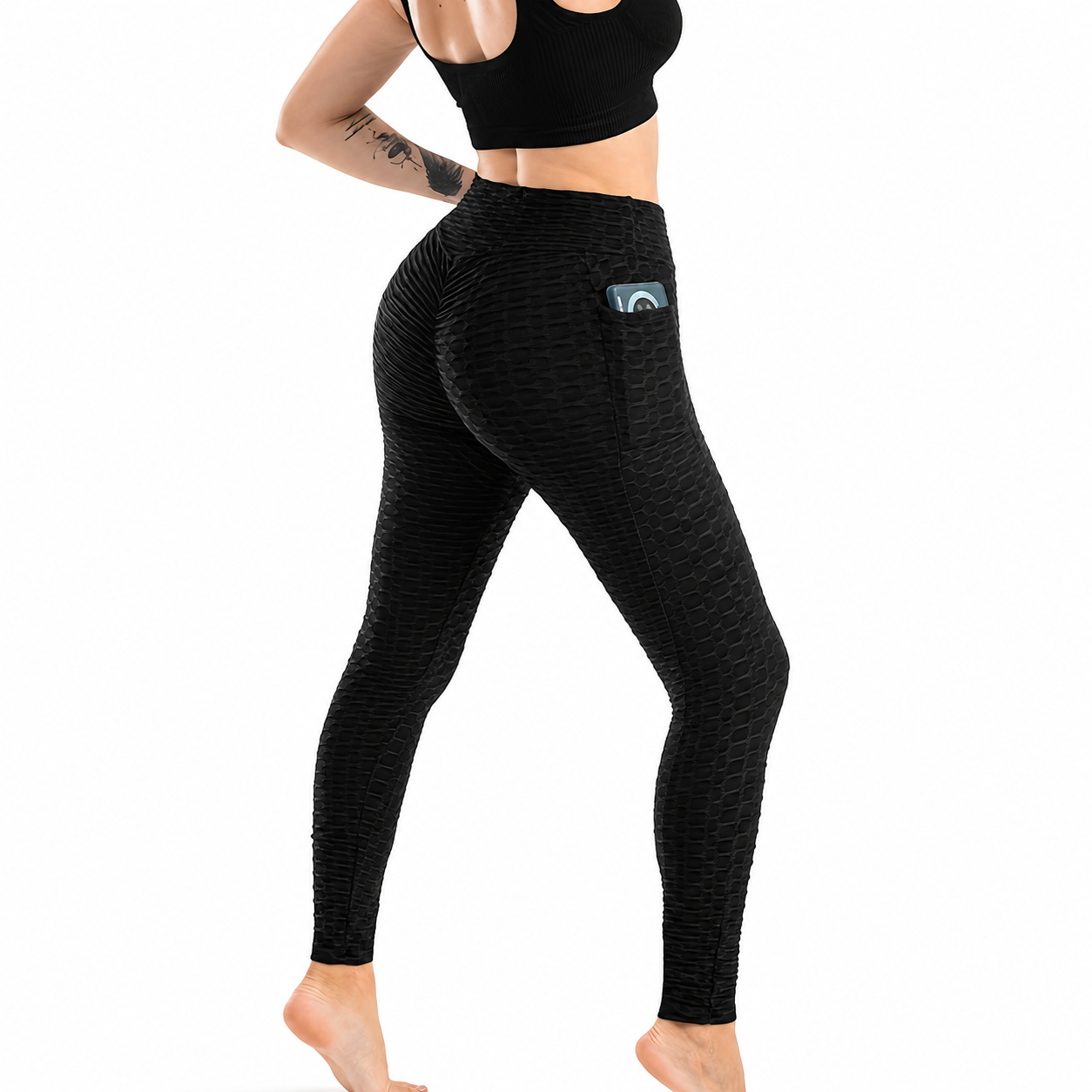Textured Stretch Fitness Leggings with Side Pockets for Women