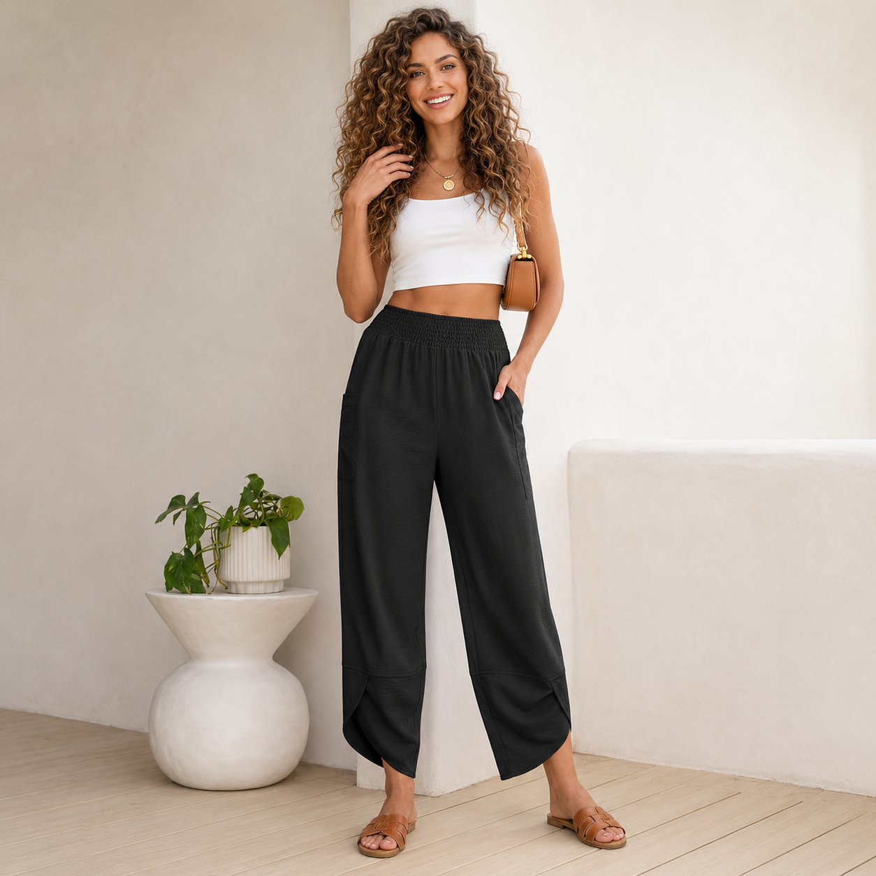 Casual Lounge Wide Flowy Loose Cropped Fit Pants For Women