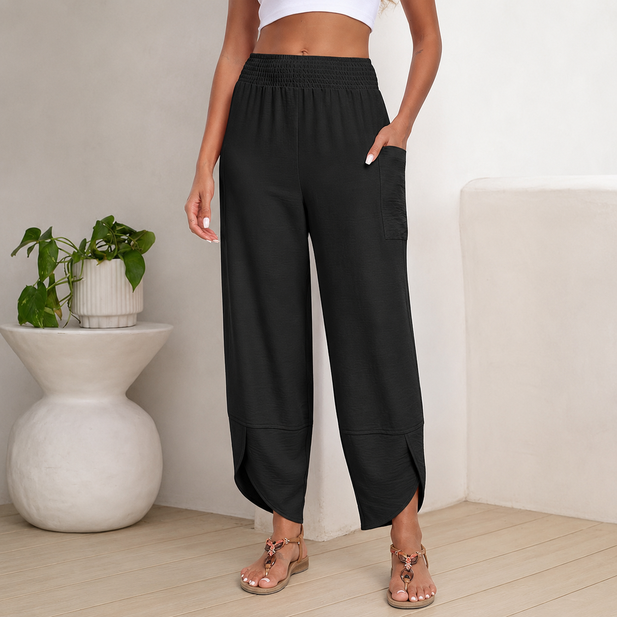 Casual Lounge Wide Flowy Loose Cropped Fit Pants For Women