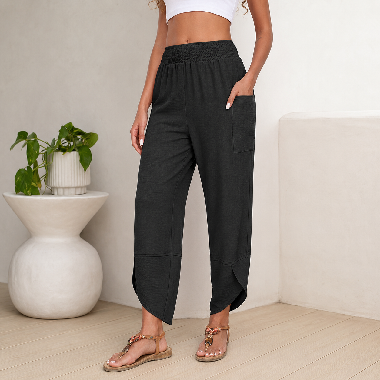 Casual Lounge Wide Flowy Loose Cropped Fit Pants For Women