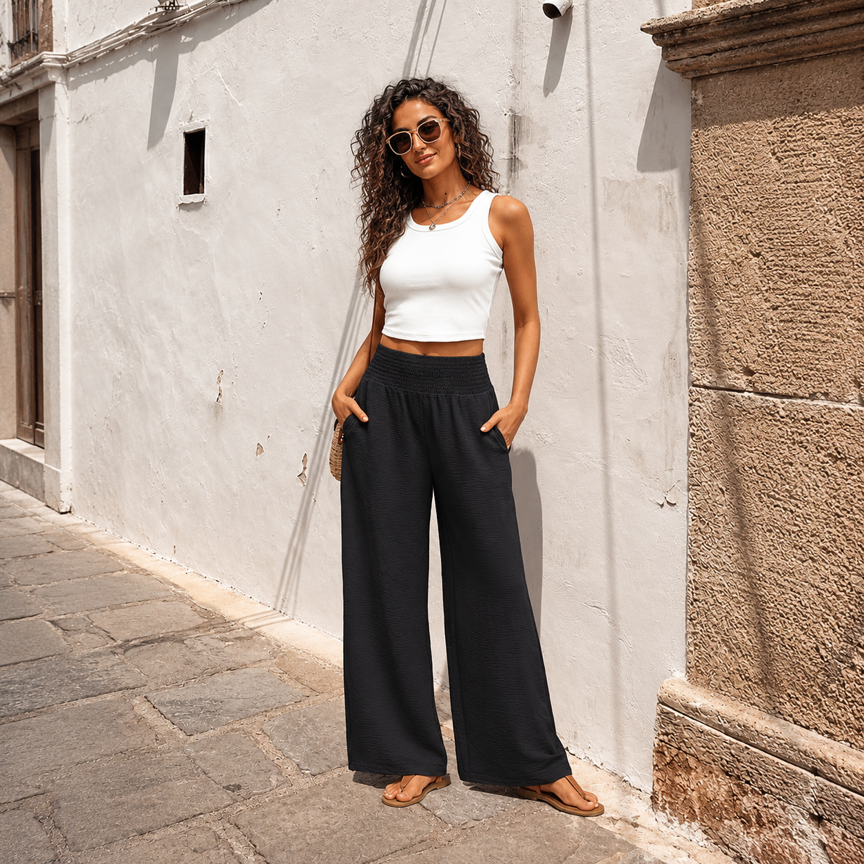Casual Lounge Wide Flowy High Pants For Women