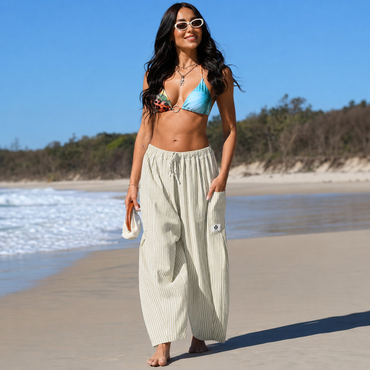 Striped Drawstring Palazzo Pants With Pockets