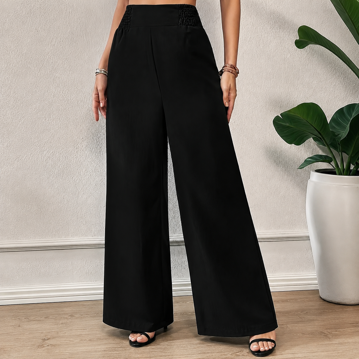 High Rise Wide Fit Pull On Casual Pants For Women
