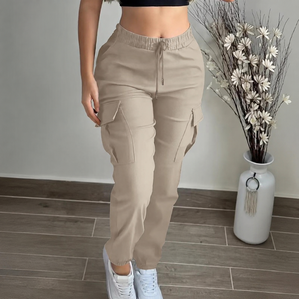 Regular Fit Drawstring Cargo Trouser Pants With Pockets For Women