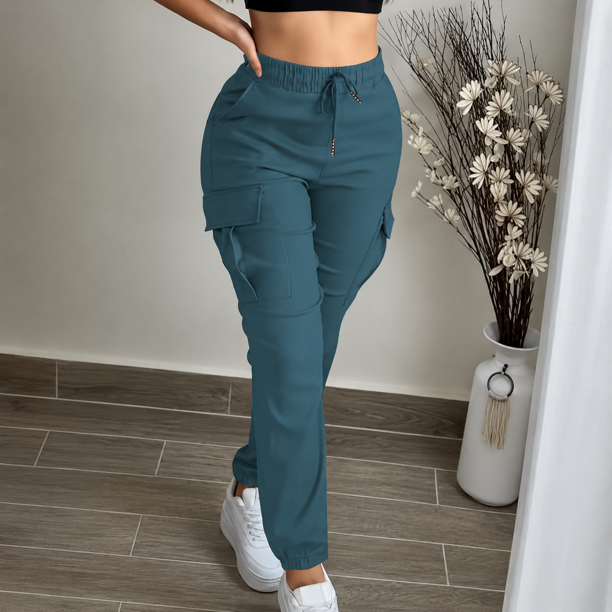 Regular Fit Drawstring Cargo Trouser Pants With Pockets For Women