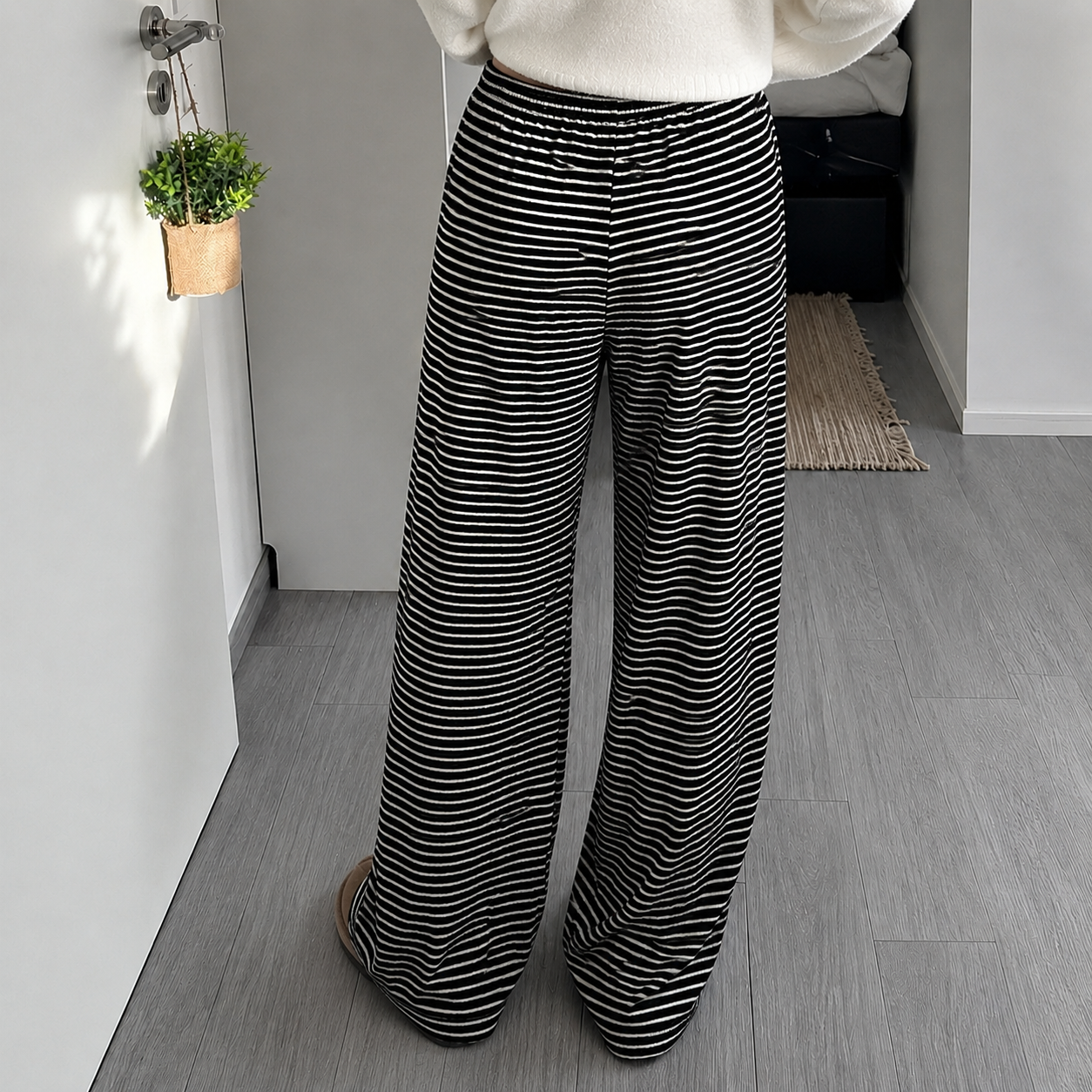 Casual Striped Wide Pants With Drawstring For Women