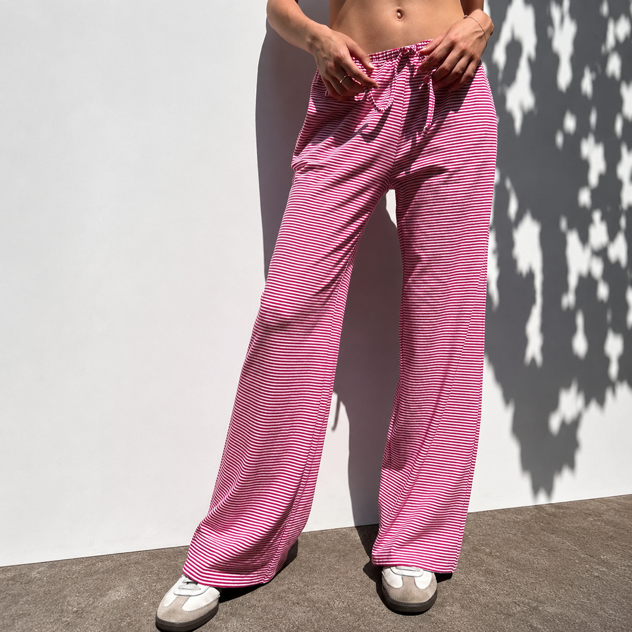 Casual Striped Wide Pants With Drawstring For Women