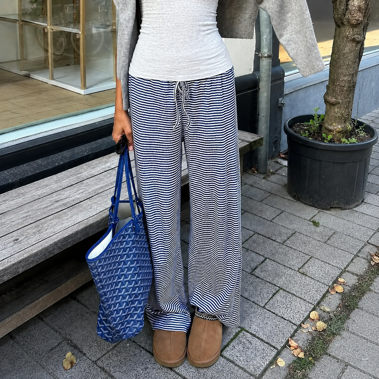 Casual Striped Wide Pants With Drawstring For Women