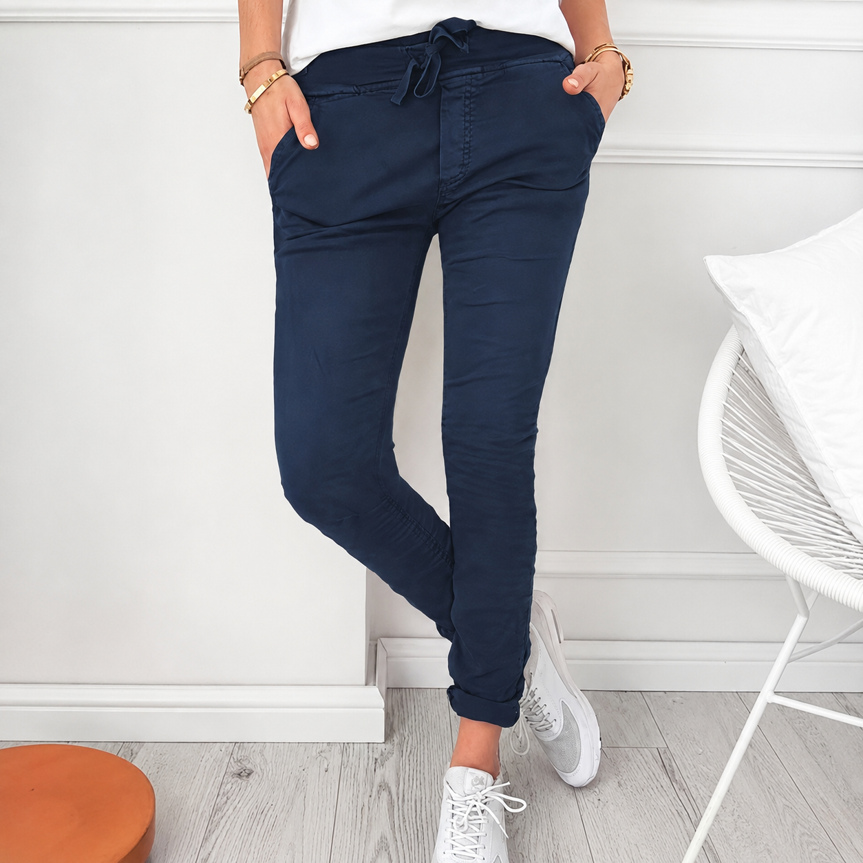 Solid Colored Casual Drawstring Skinny Pants For Spring Fall