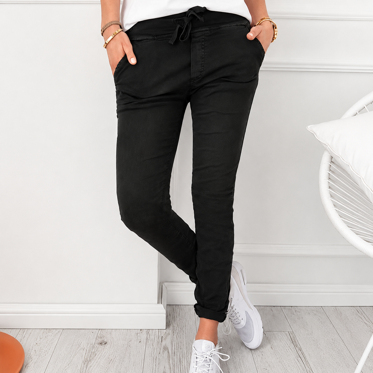 Solid Colored Casual Drawstring Skinny Pants For Spring Fall