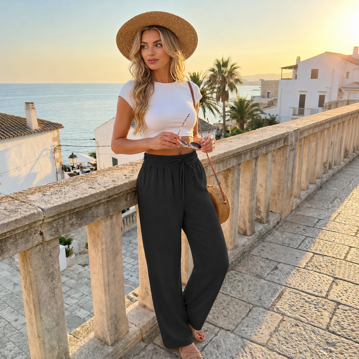 Casual Linen Drawstring Loose Pants With Pockets
