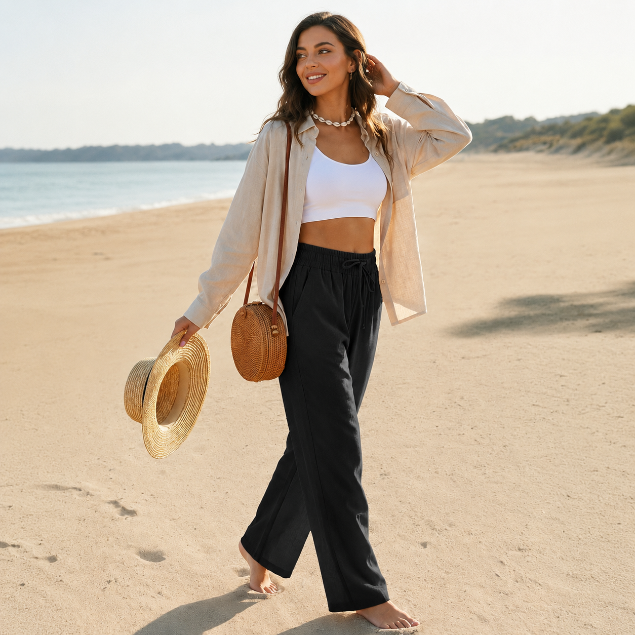 Casual Linen Drawstring Loose Pants With Pockets