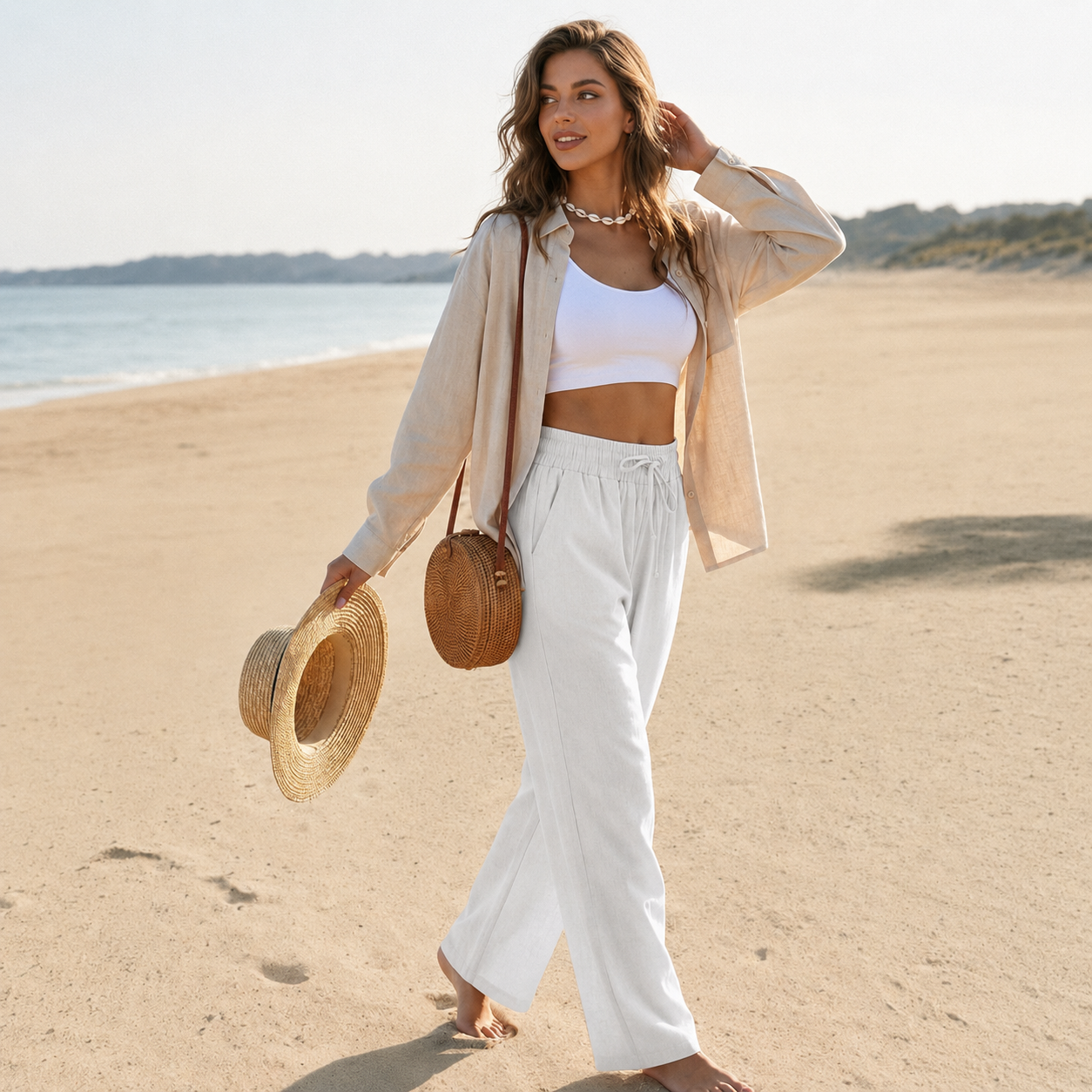 Casual Linen Drawstring Loose Pants With Pockets