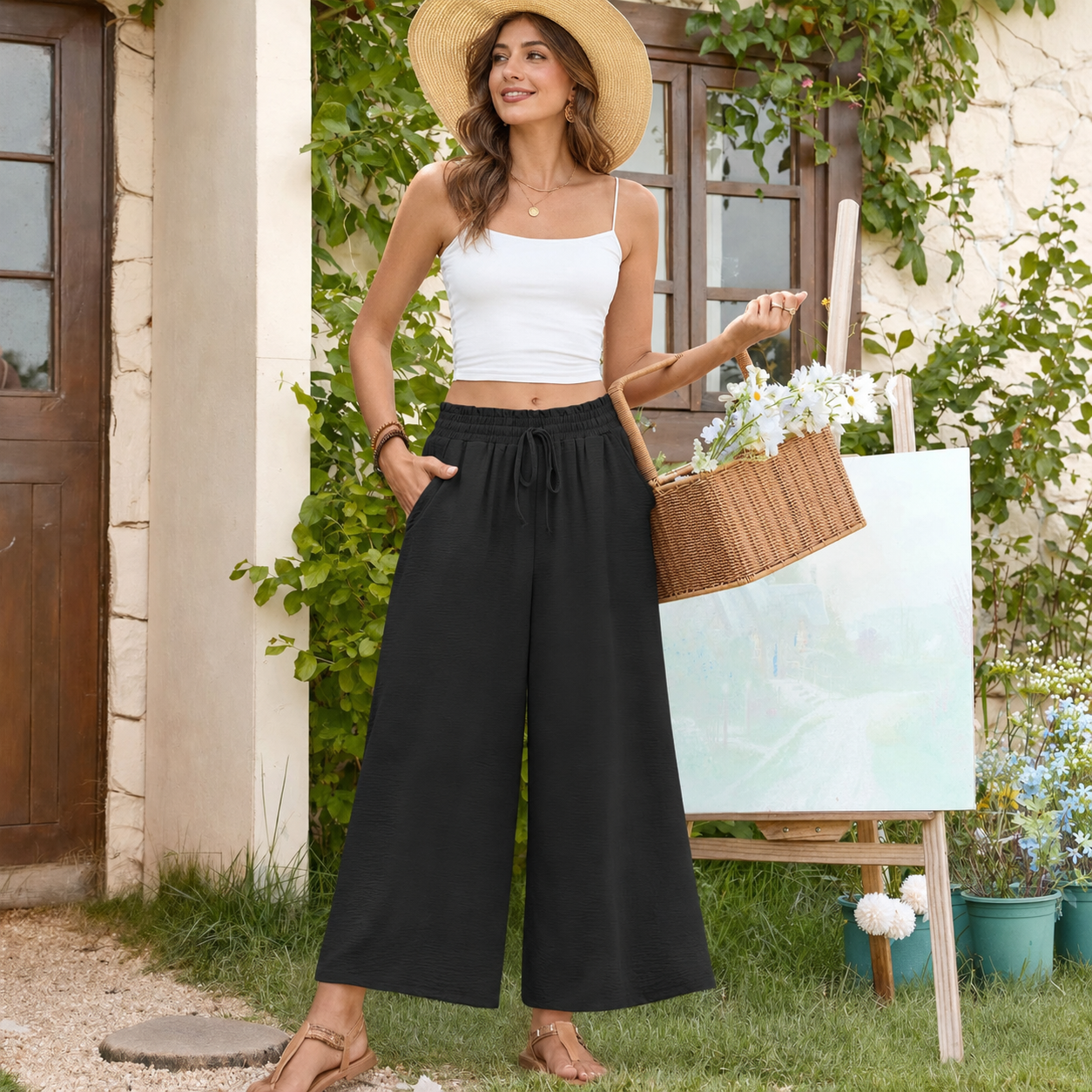 Solid Wide Palazzo Pants With Pockets For Women