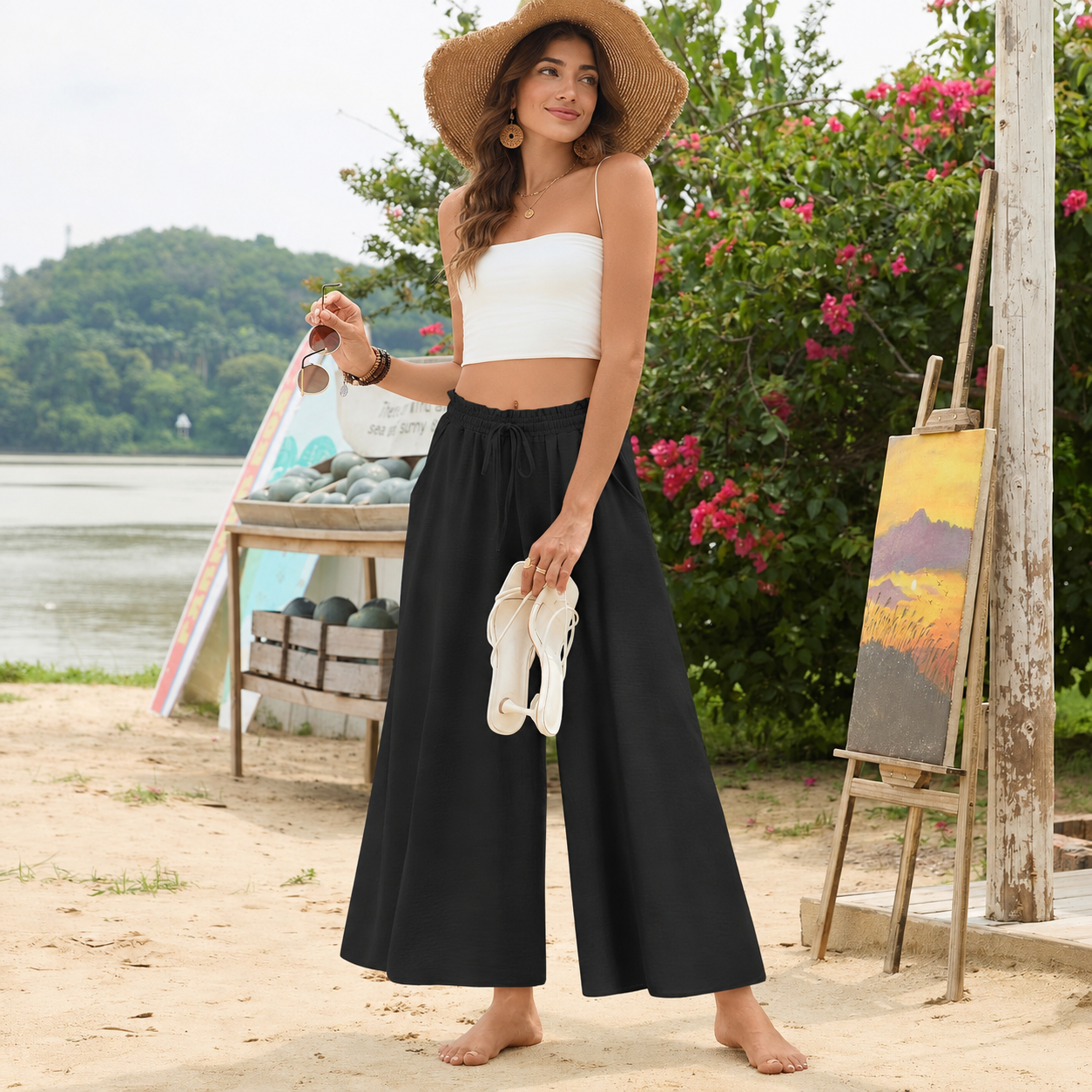 Solid Wide Palazzo Pants With Pockets For Women