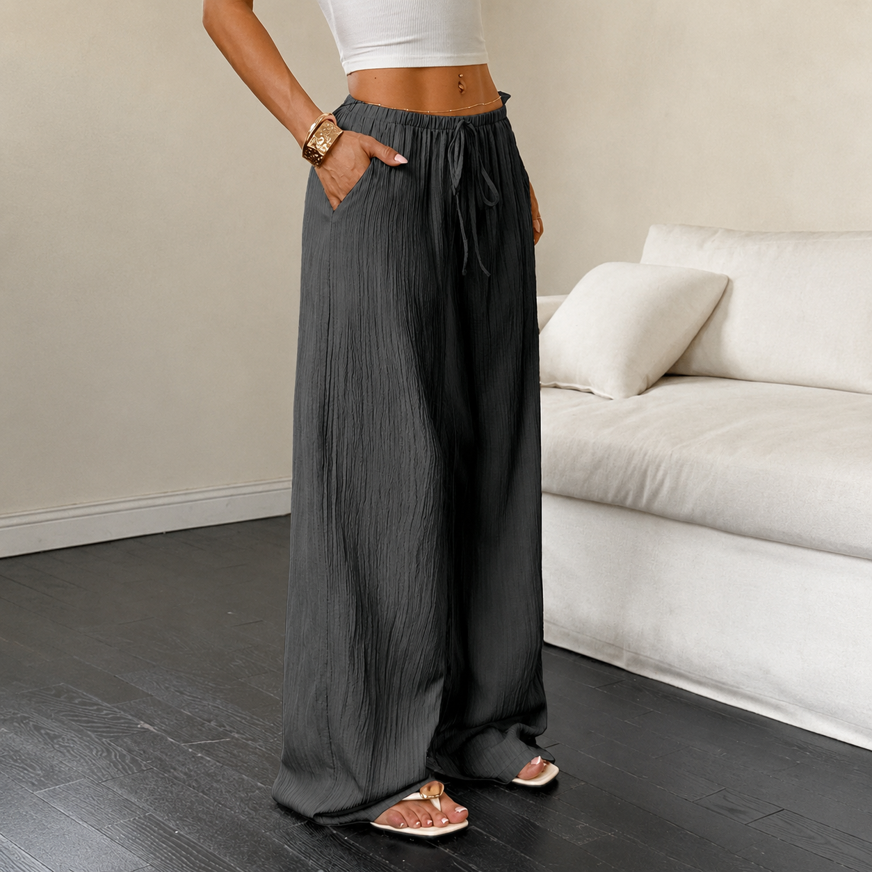 Solid Pocket Wide Loose Casual Pants For Women