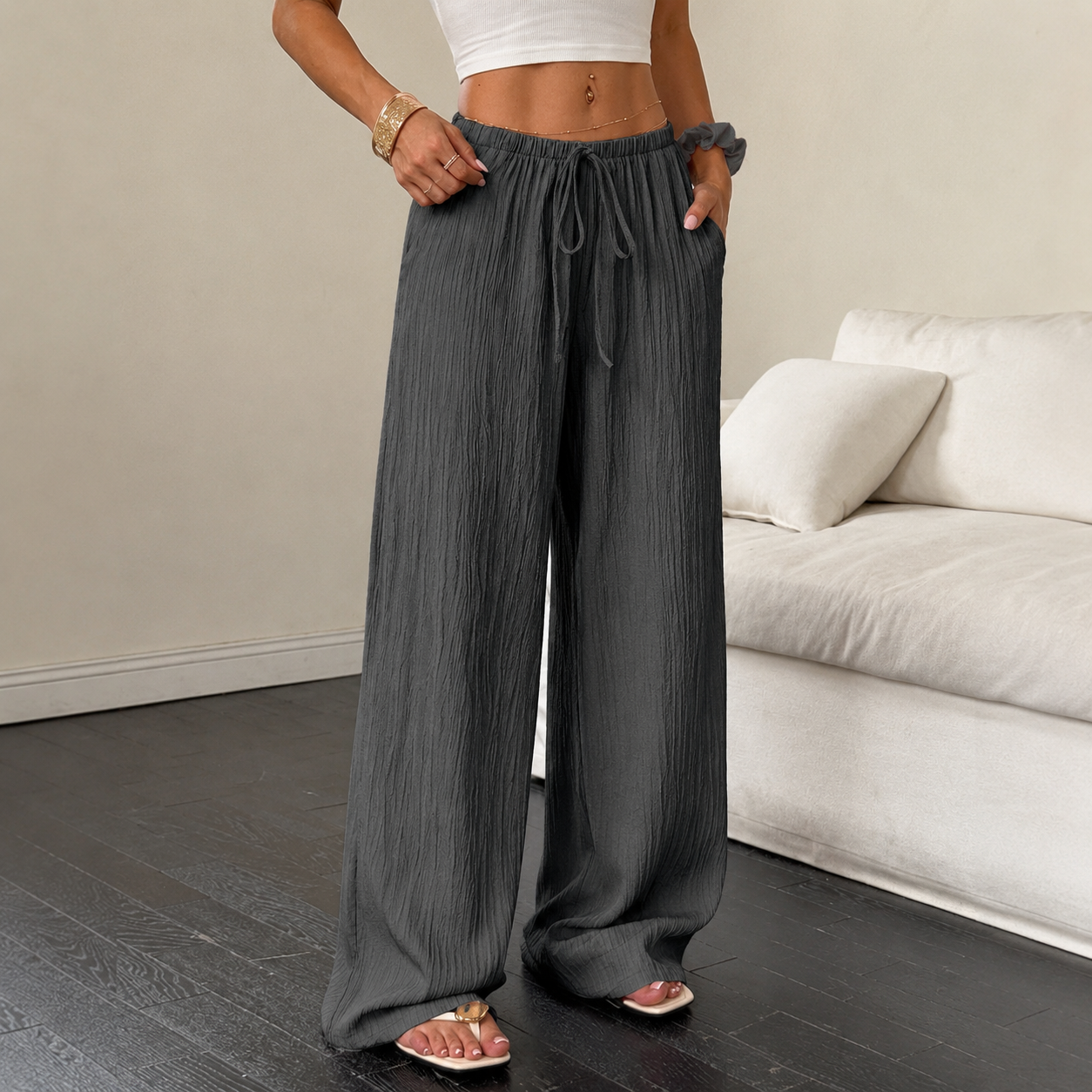 Solid Pocket Wide Loose Casual Pants For Women