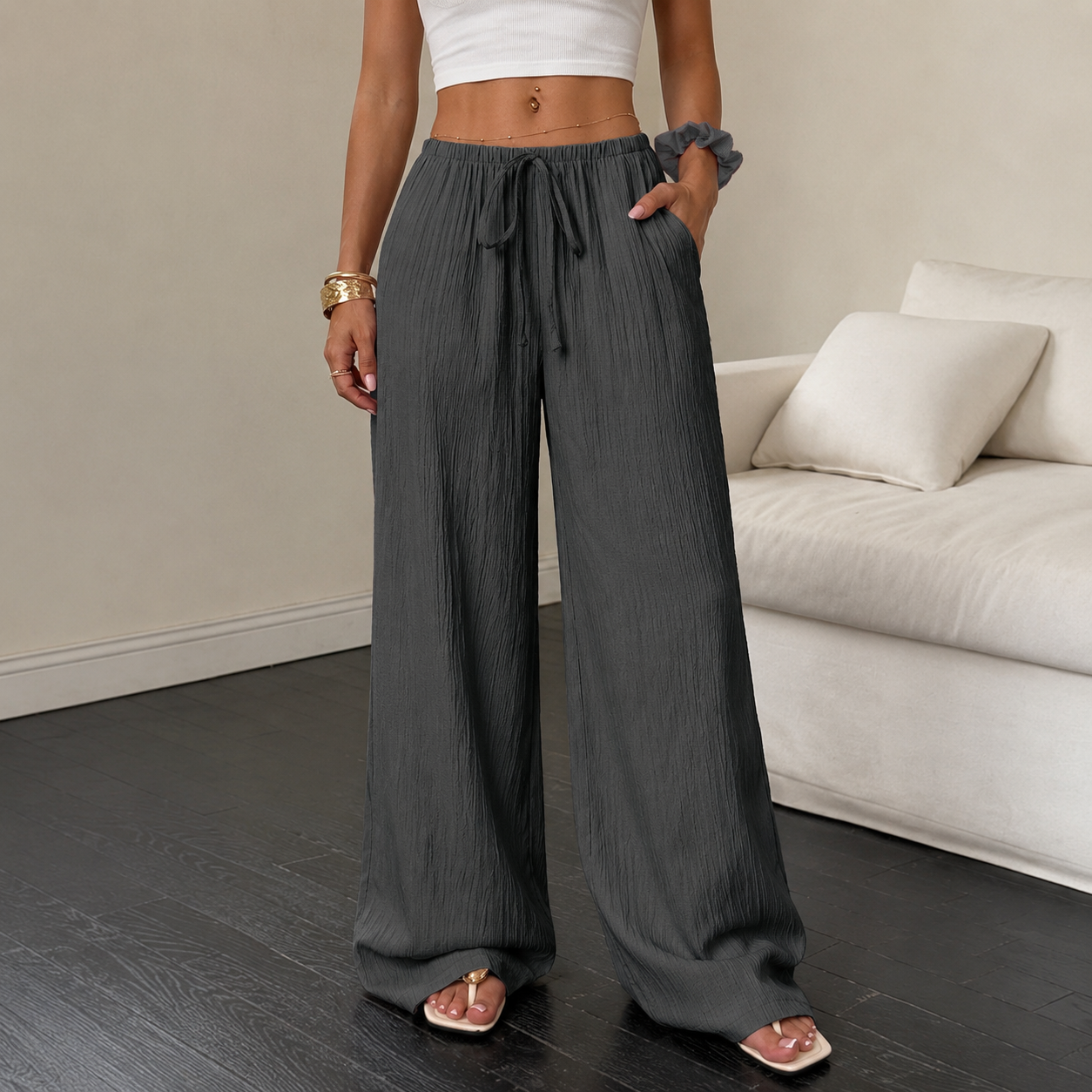 Solid Pocket Wide Loose Casual Pants For Women