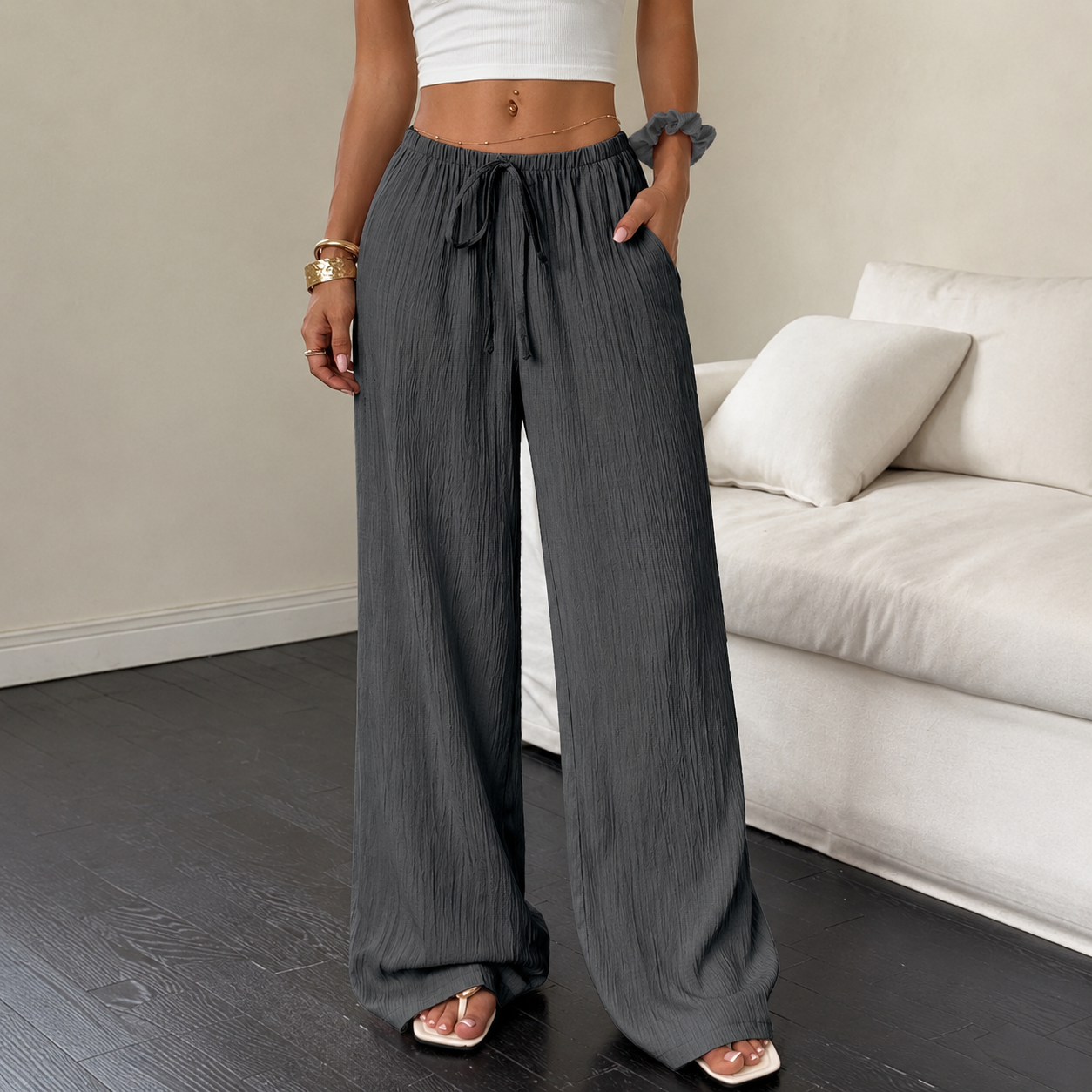Solid Pocket Wide Loose Casual Pants For Women