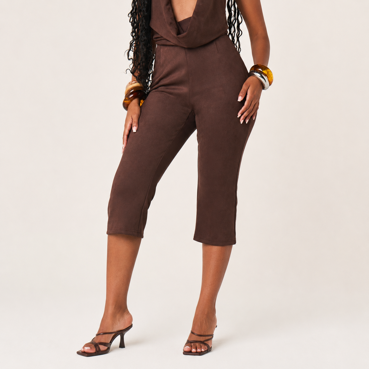 High Waisted Cropped Capri Trousers For Office Wear