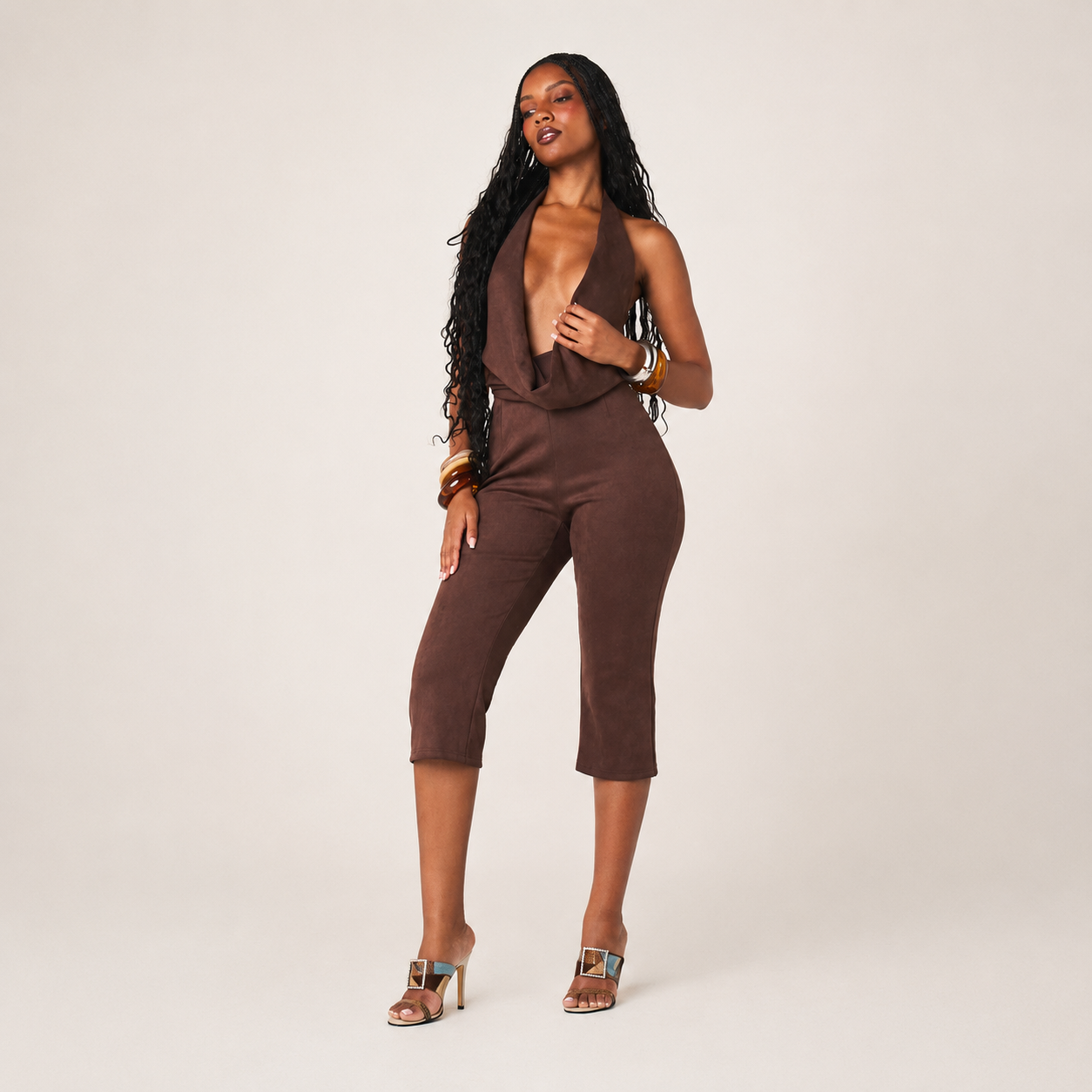High Waisted Cropped Capri Trousers For Office Wear