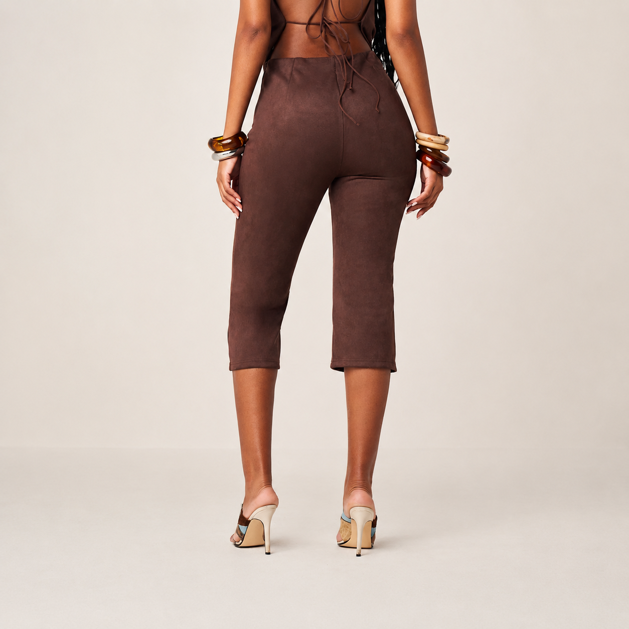 High Waisted Cropped Capri Trousers For Office Wear