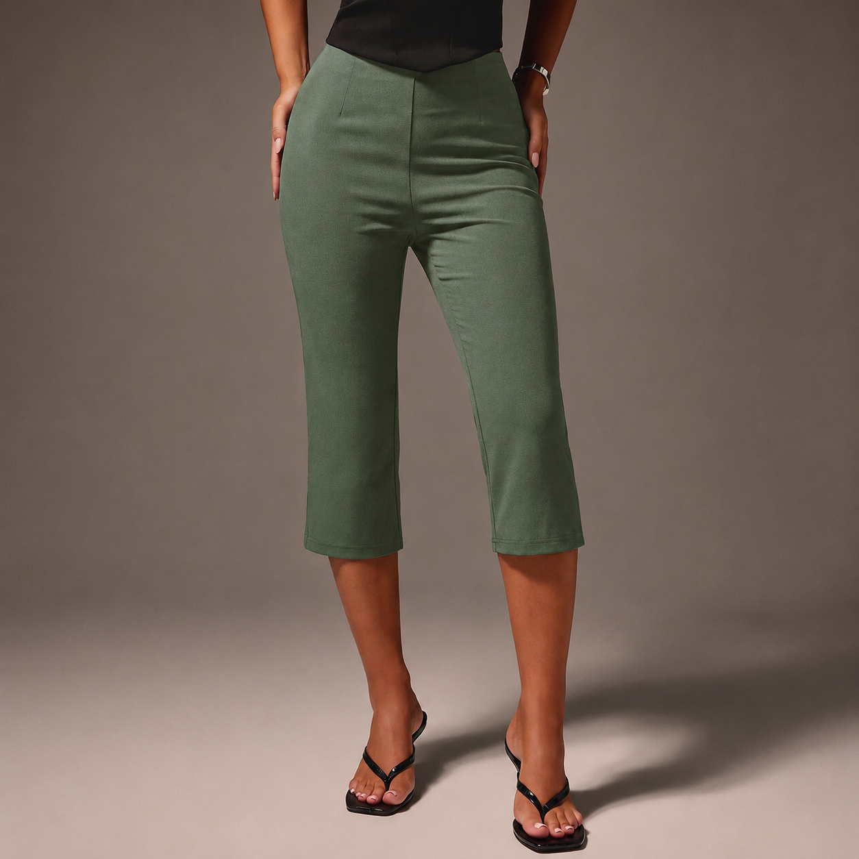 High Waisted Cropped Capri Trousers For Office Wear