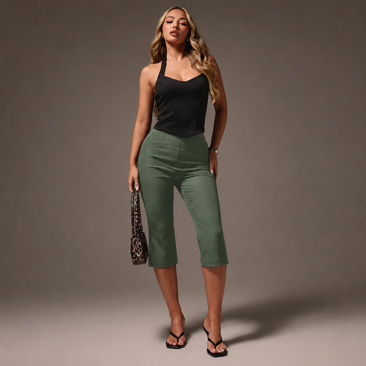 High Waisted Cropped Capri Trousers For Office Wear