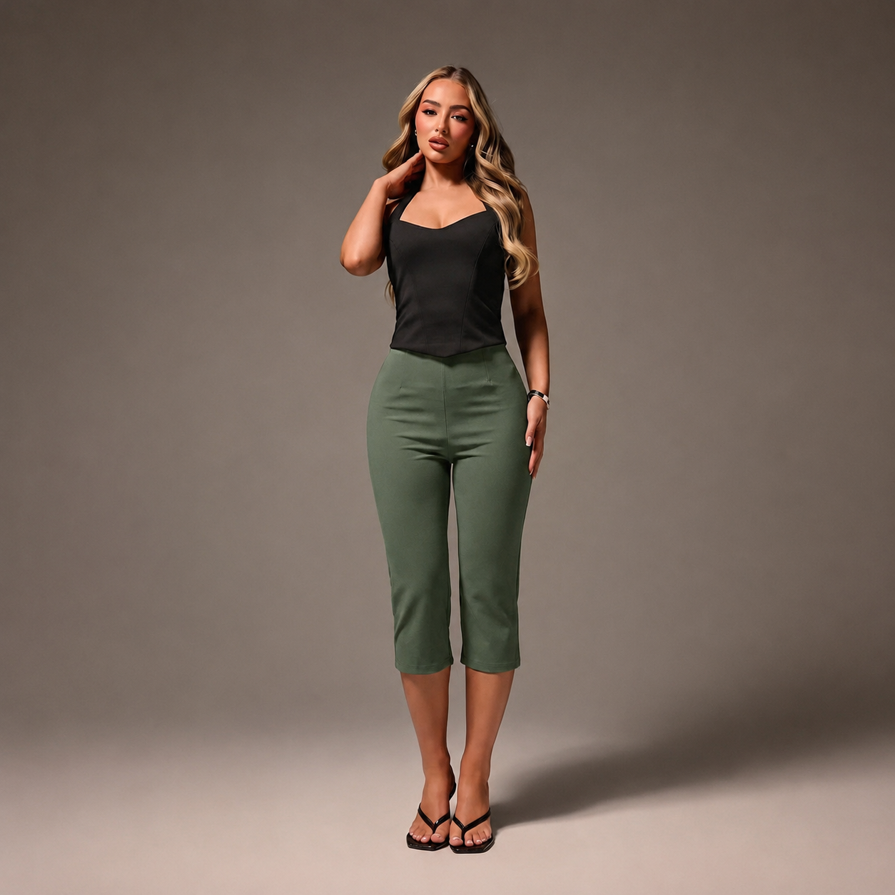 High Waisted Cropped Capri Trousers For Office Wear