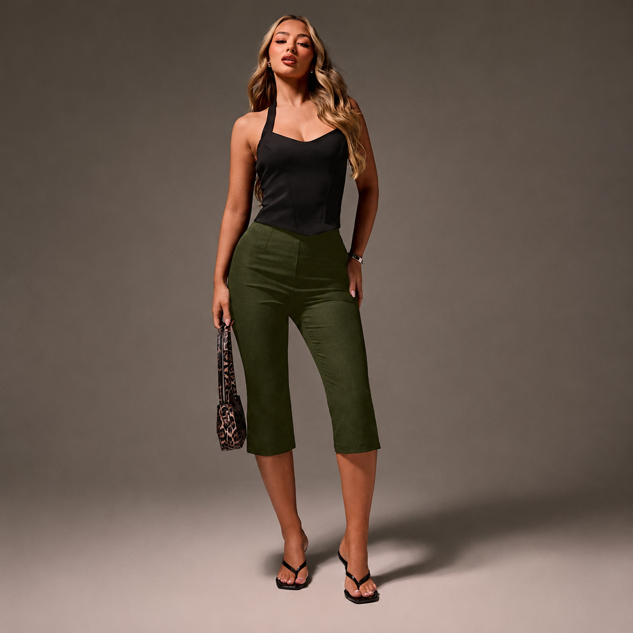 High Waisted Cropped Capri Trousers For Office Wear