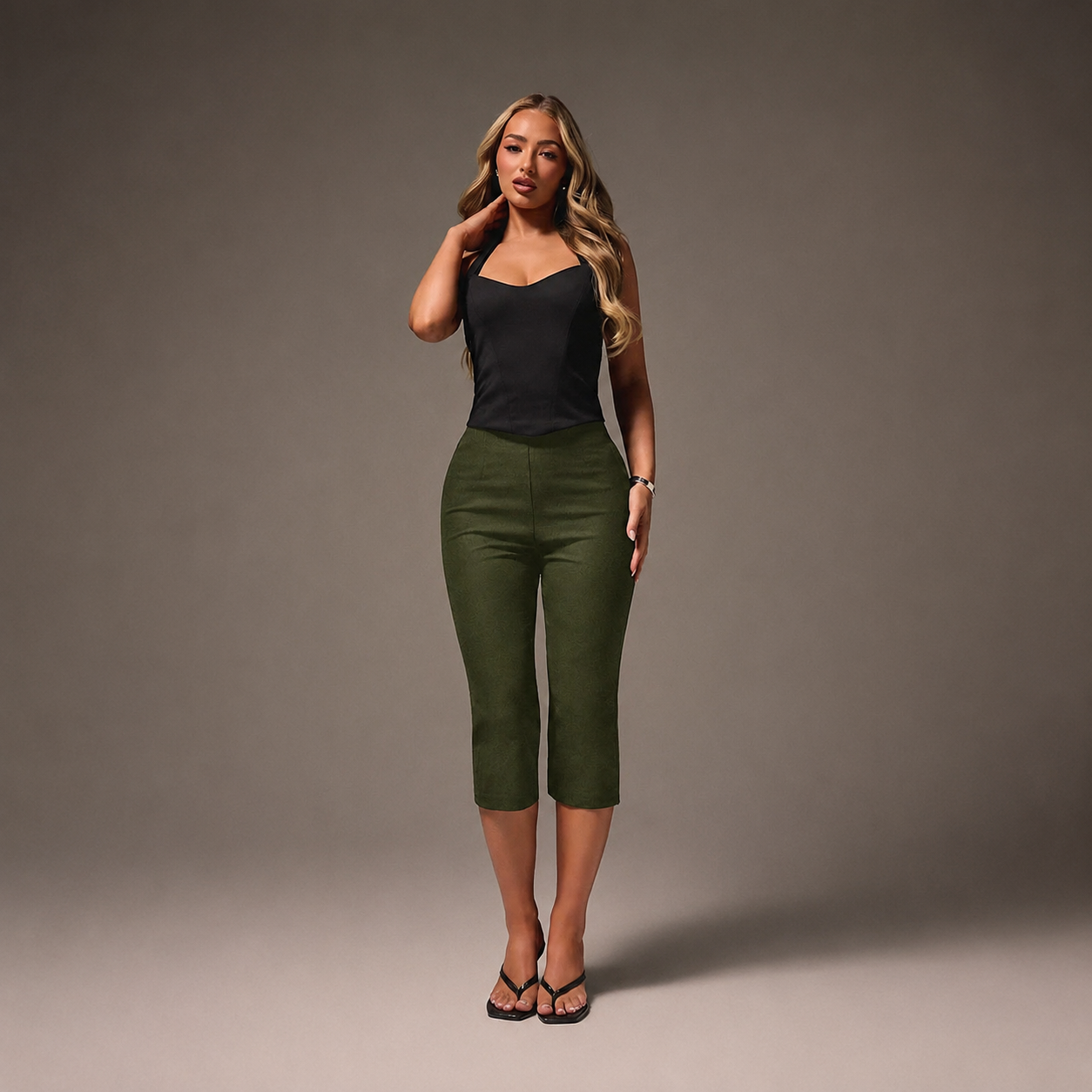 High Waisted Cropped Capri Trousers For Office Wear