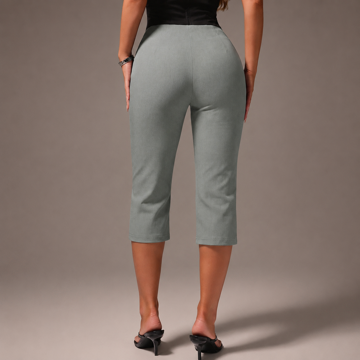 High Waisted Cropped Capri Trousers For Office Wear