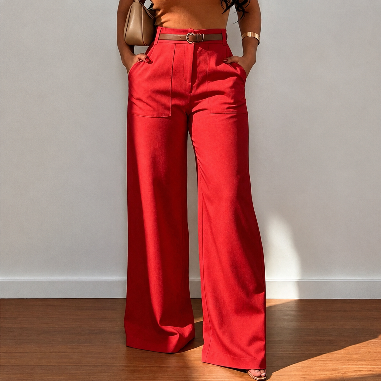 High Waisted Casual Straight Pants With Pockets